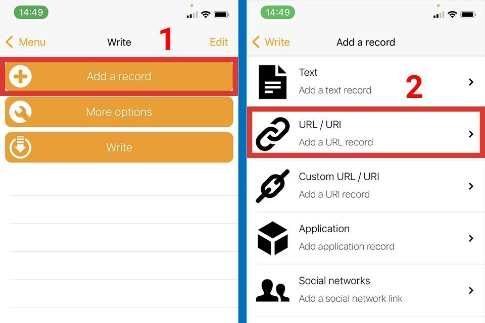 Giao diện ứng dụng NFC Tools để ghi dữ liệu vào thẻ NFC